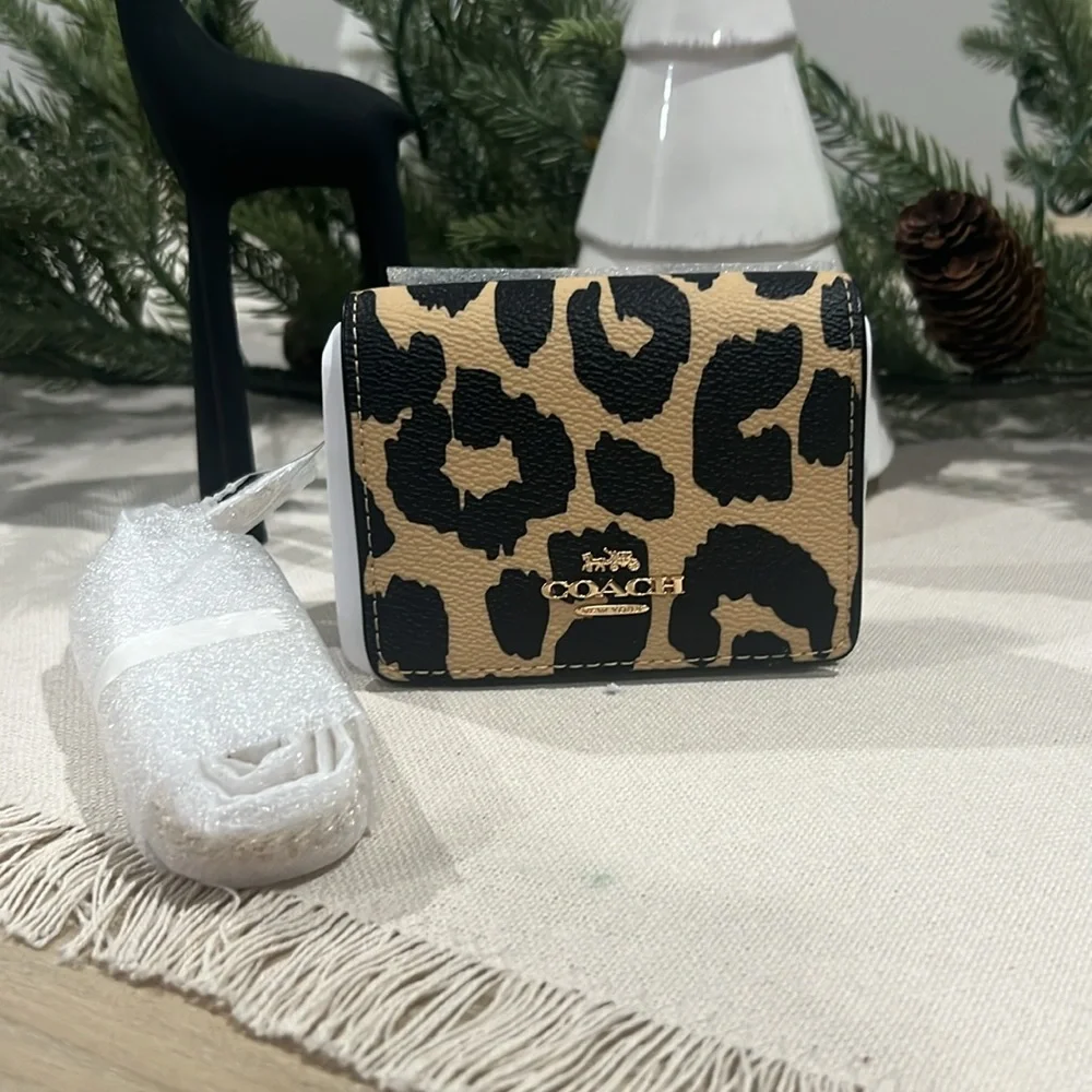 Coach Leopard Print Mini Crossbody in Beige and Black with Gold Chain
